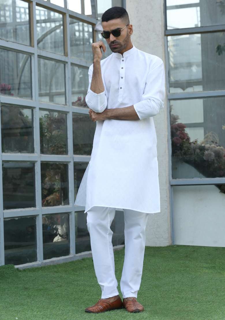 White Woven Cotton Blend Kurta Set For Men - Indya