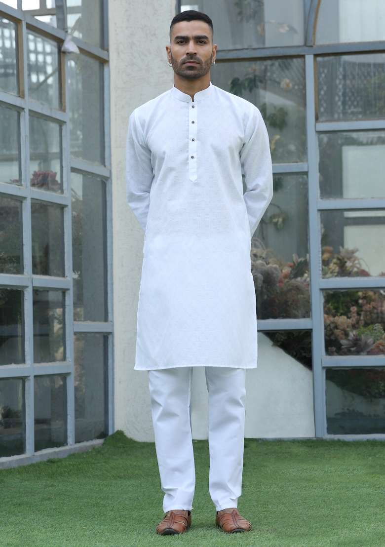 White Woven Cotton Blend Kurta Set For Men - Indya