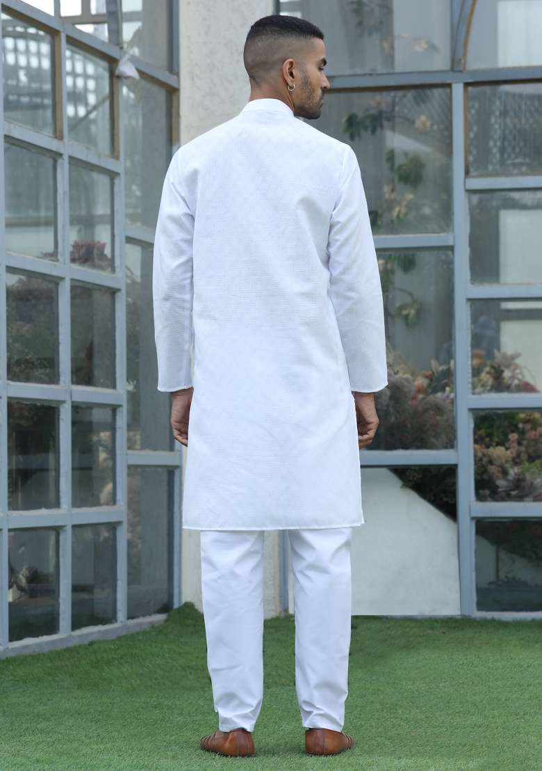 White Woven Cotton Blend Kurta Set For Men - Indya