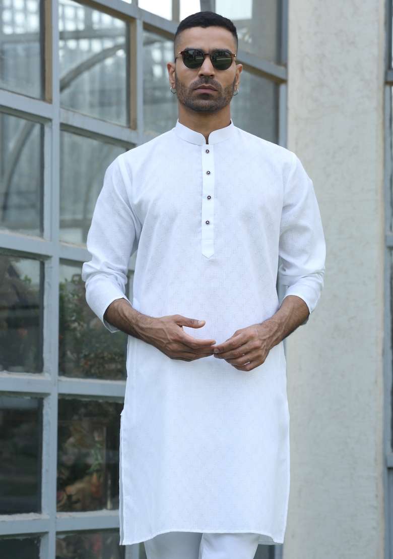 White Woven Cotton Blend Kurta Set For Men - Indya
