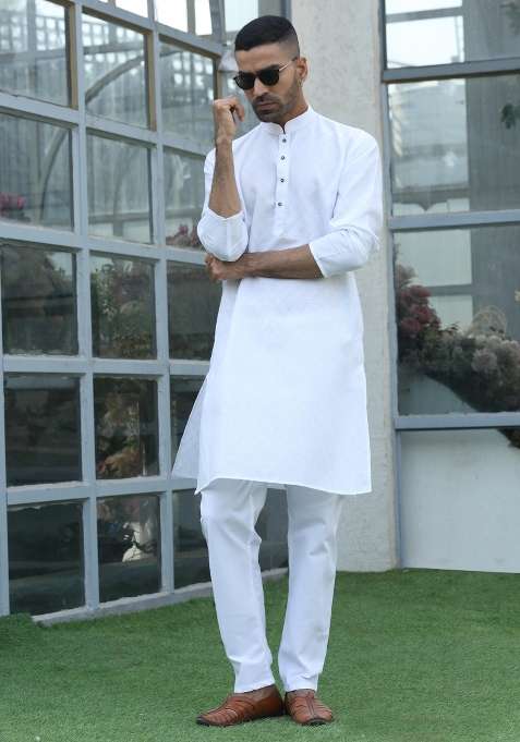 White Woven Cotton Blend Kurta Set For Men