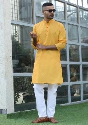 Yellow Woven Cotton Blend Kurta Set For Men - Indya