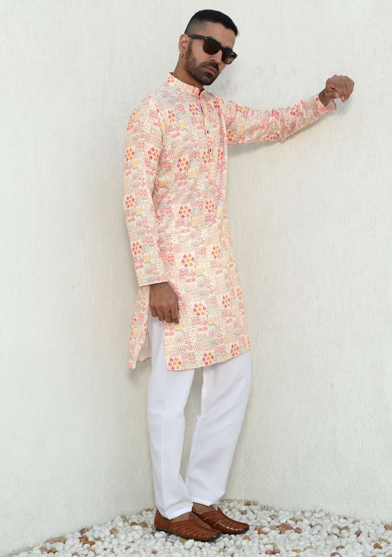 Peach Printed Cotton Kurta Set For Men - Indya