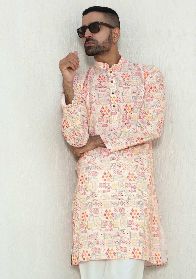 Peach Printed Cotton Kurta Set For Men - Indya