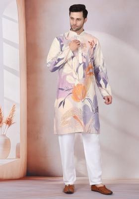 Beige Printed Cotton Kurta Set For Men