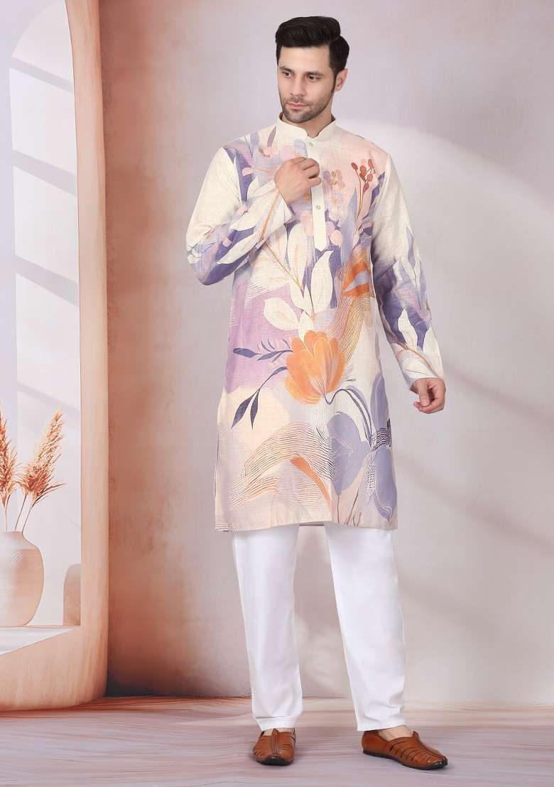 Beige Printed Cotton Kurta Set For Men - Indya