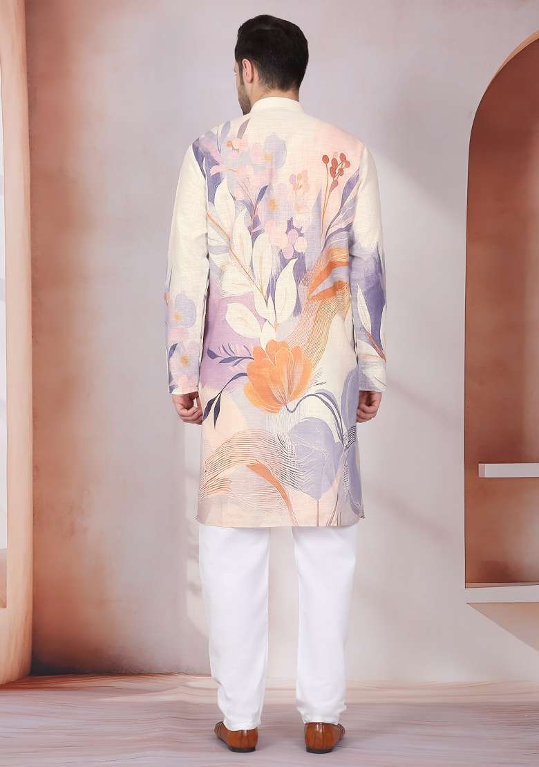 Beige Printed Cotton Kurta Set For Men - Indya