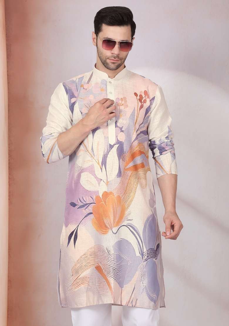 Beige Printed Cotton Kurta Set For Men - Indya