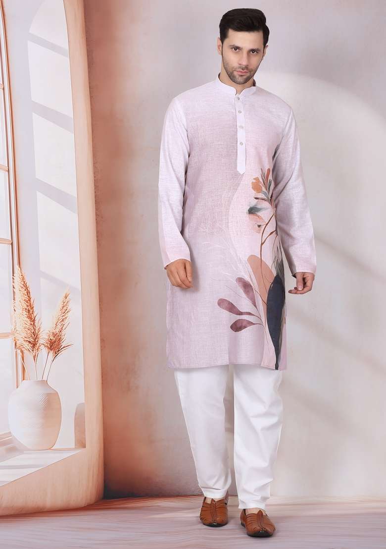 Mauve Printed Cotton Kurta Set For Men - Indya