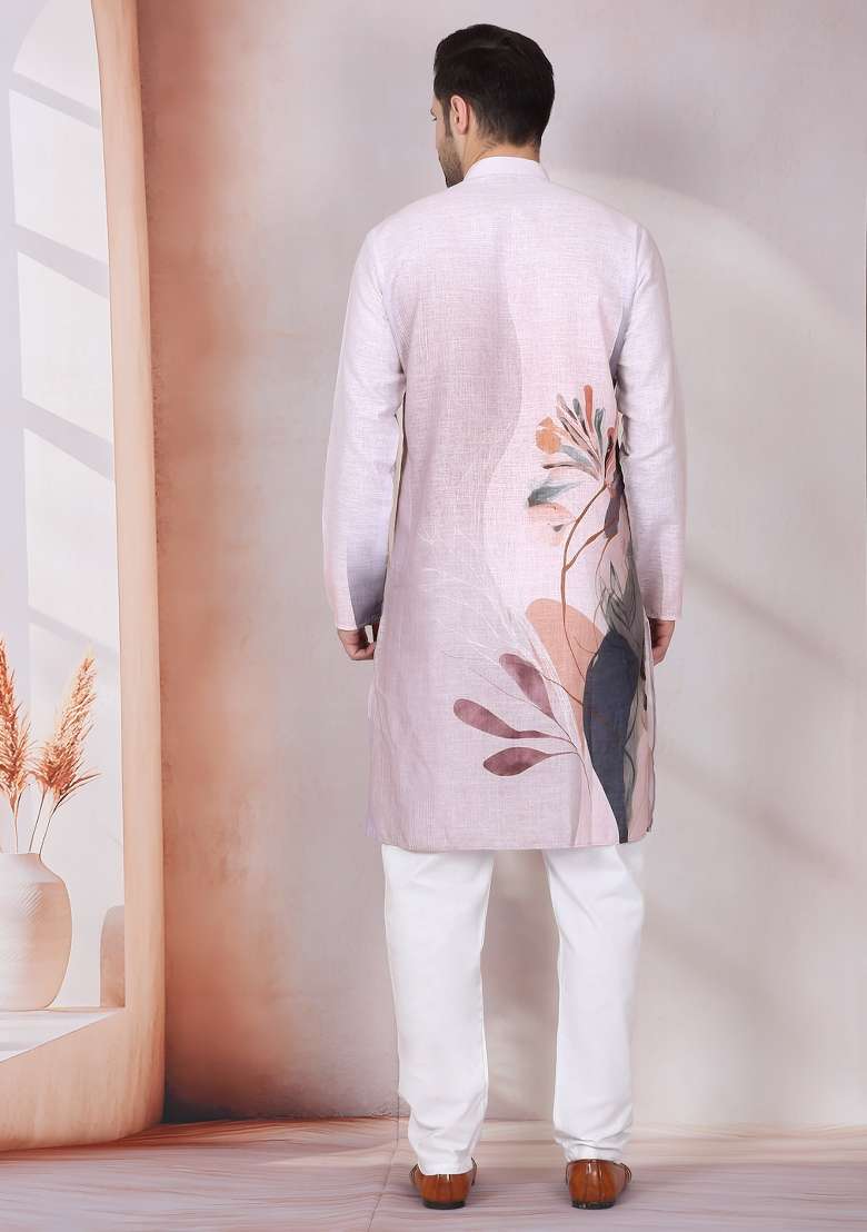 Mauve Printed Cotton Kurta Set For Men - Indya
