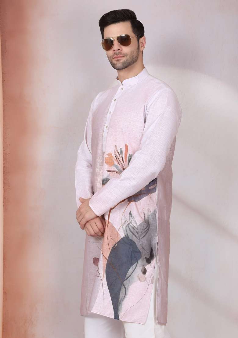 Mauve Printed Cotton Kurta Set For Men - Indya