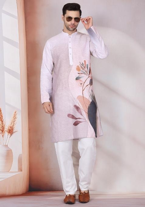Mauve Printed Cotton Kurta Set For Men