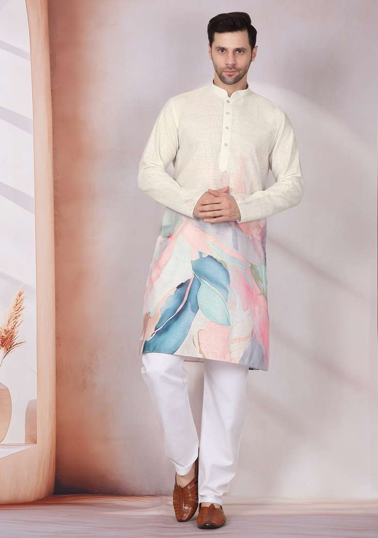 Olive Printed Cotton Kurta Set For Men - Indya
