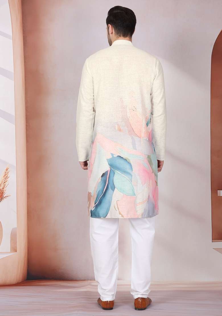 Olive Printed Cotton Kurta Set For Men - Indya