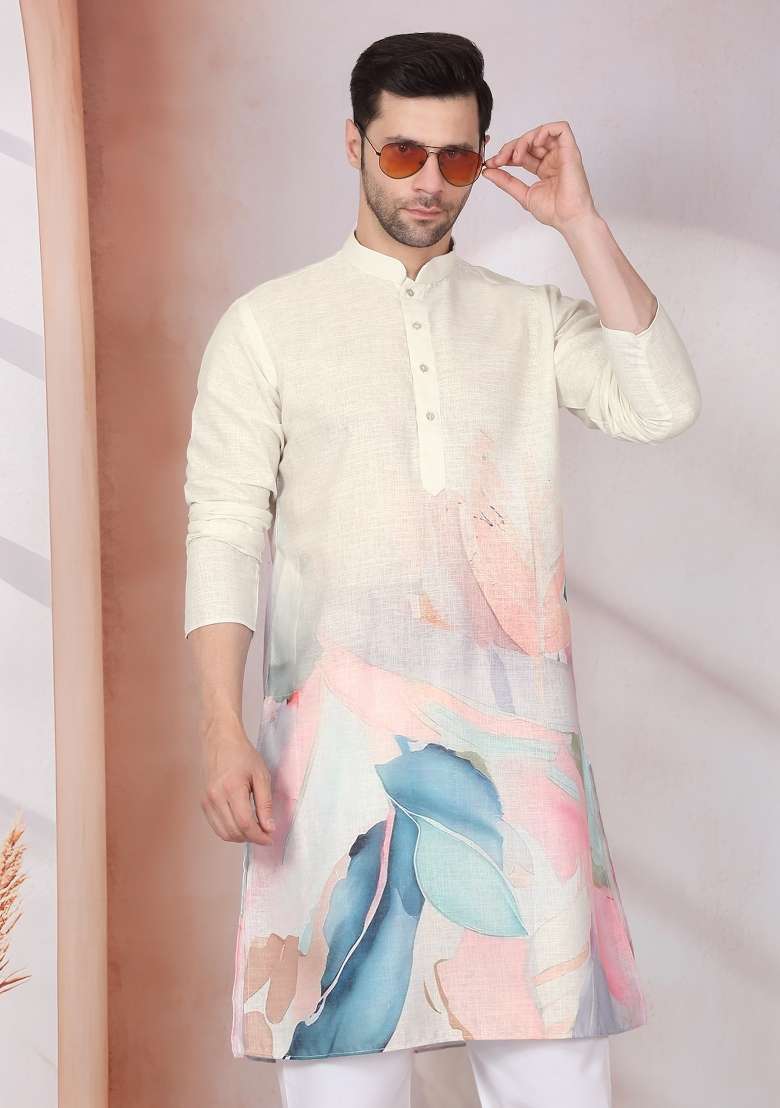 Olive Printed Cotton Kurta Set For Men - Indya