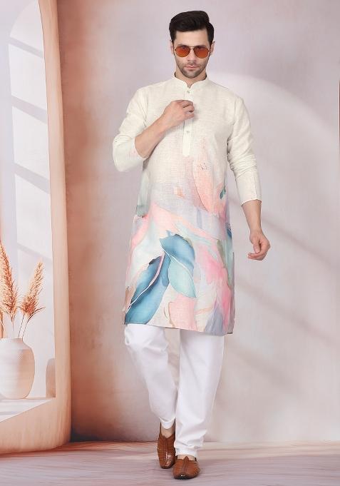 Olive Printed Cotton Kurta Set For Men