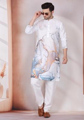 White Printed Cotton Kurta Set For Men
