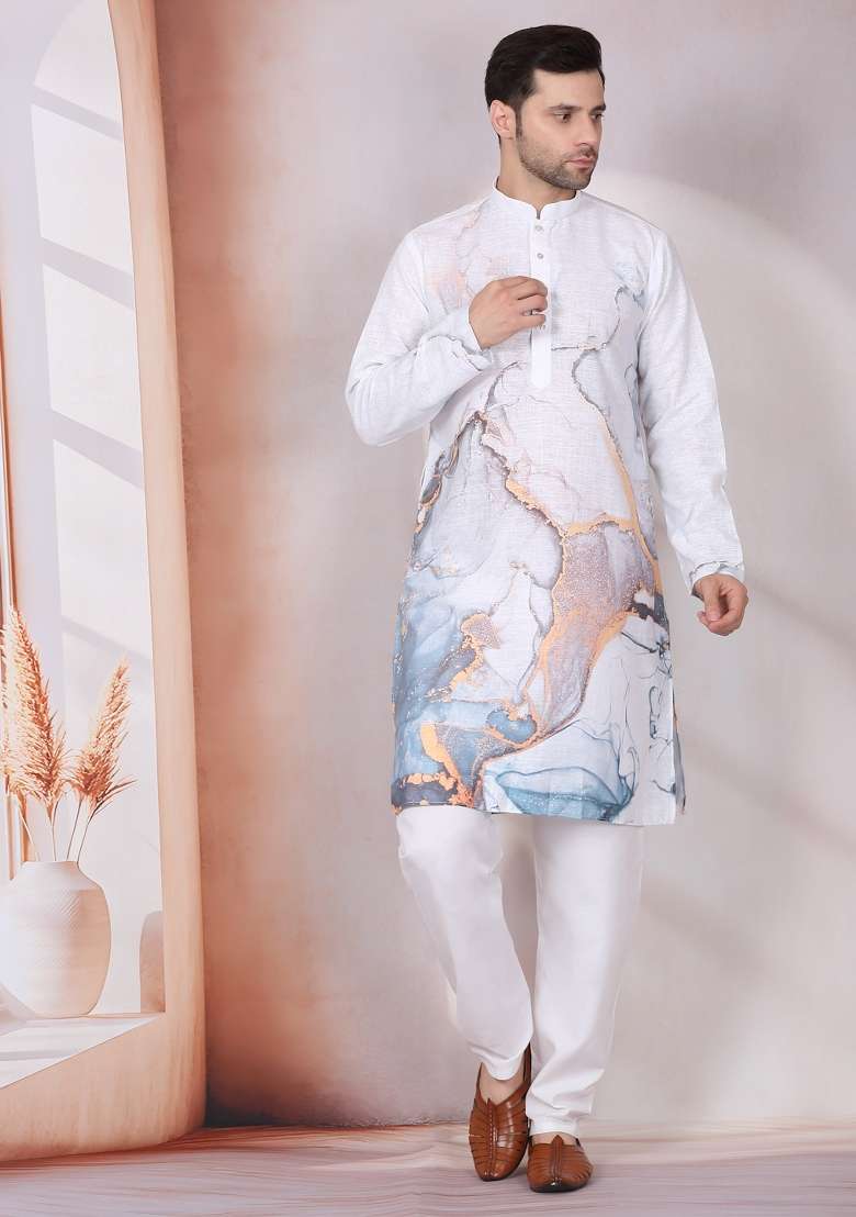 White Printed Cotton Kurta Set For Men - Indya