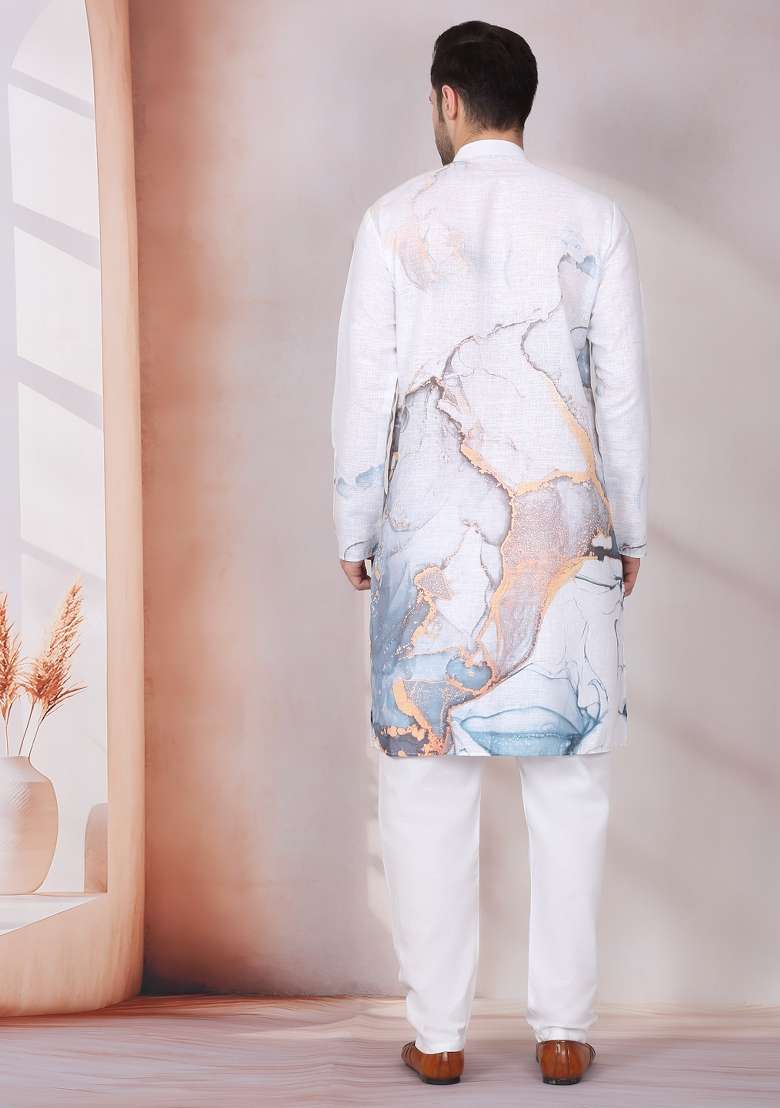 White Printed Cotton Kurta Set For Men - Indya