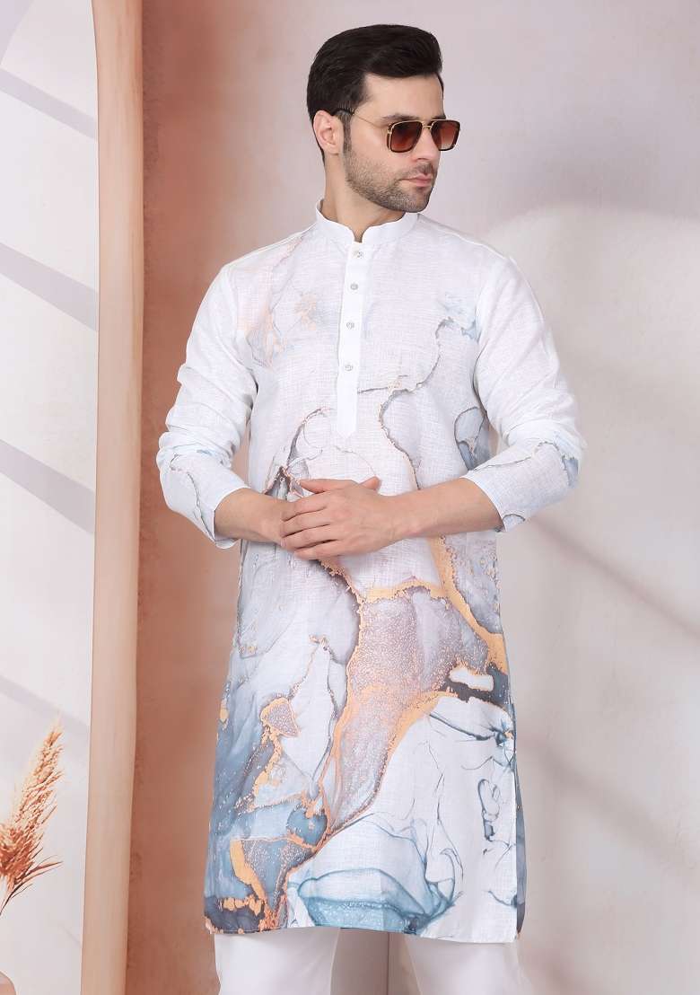White Printed Cotton Kurta Set For Men - Indya