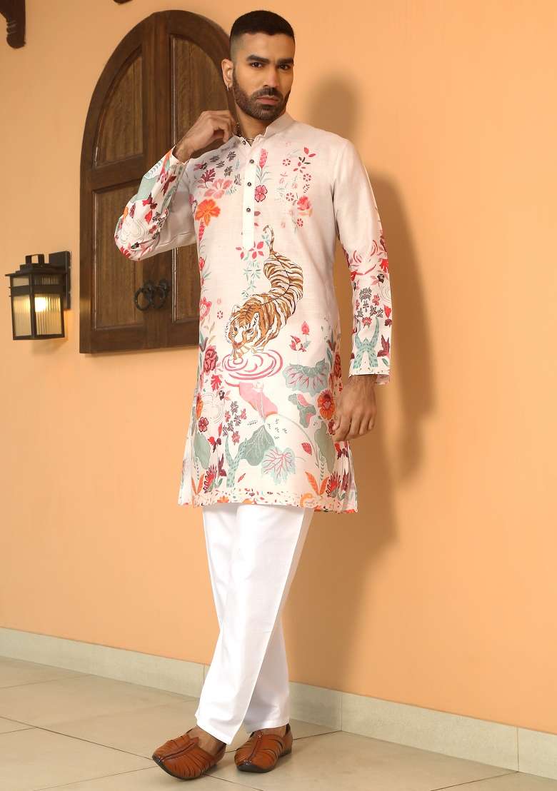 Beige Printed Cotton Kurta Set For Men - Indya