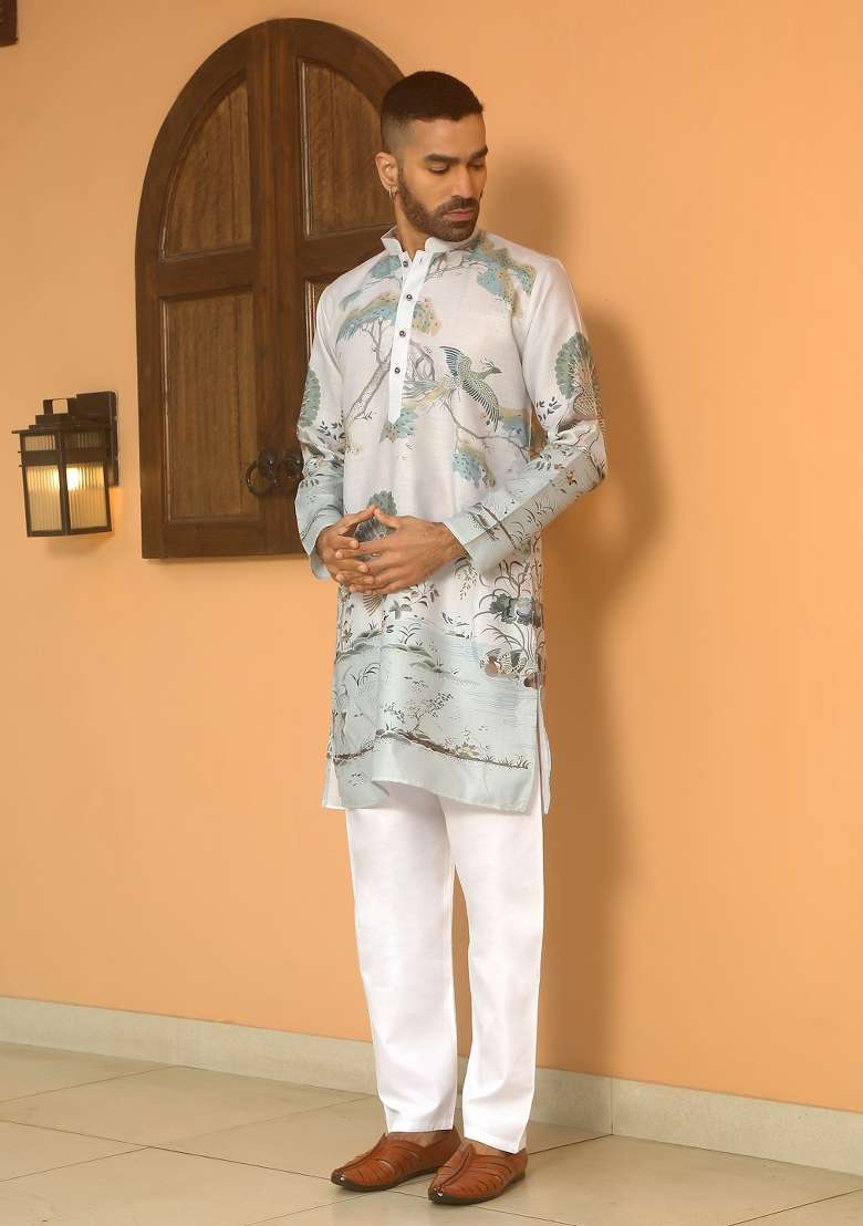 Grey Printed Cotton Kurta Set For Men - Indya