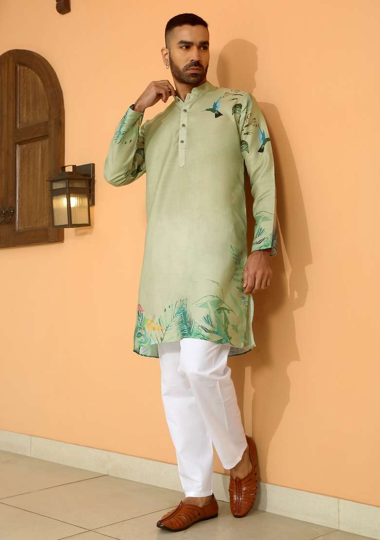 Olive Printed Cotton Kurta Set For Men - Indya