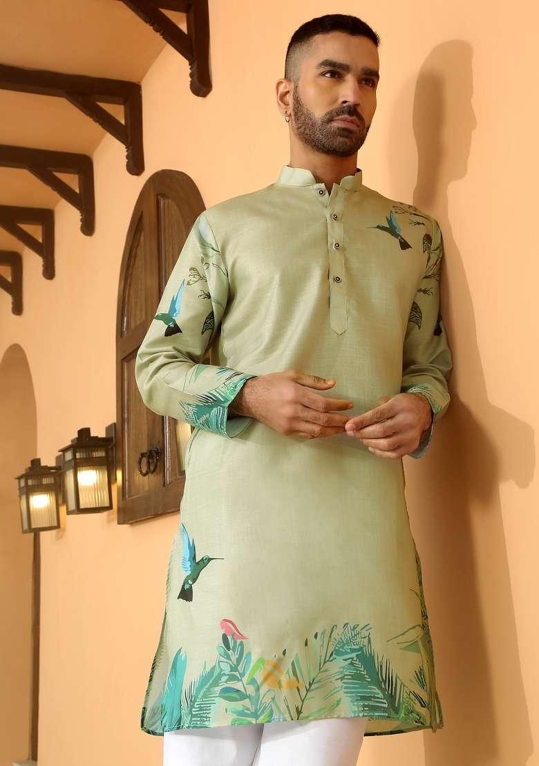 Olive Printed Cotton Kurta Set For Men - Indya