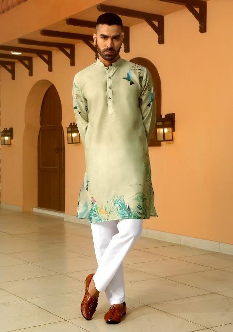 Olive Printed Cotton Kurta Set For Men
