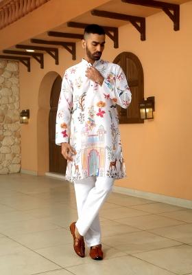 White Printed Cotton Kurta Set For Men