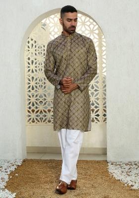 Brown Printed Cotton Kurta Set For Men