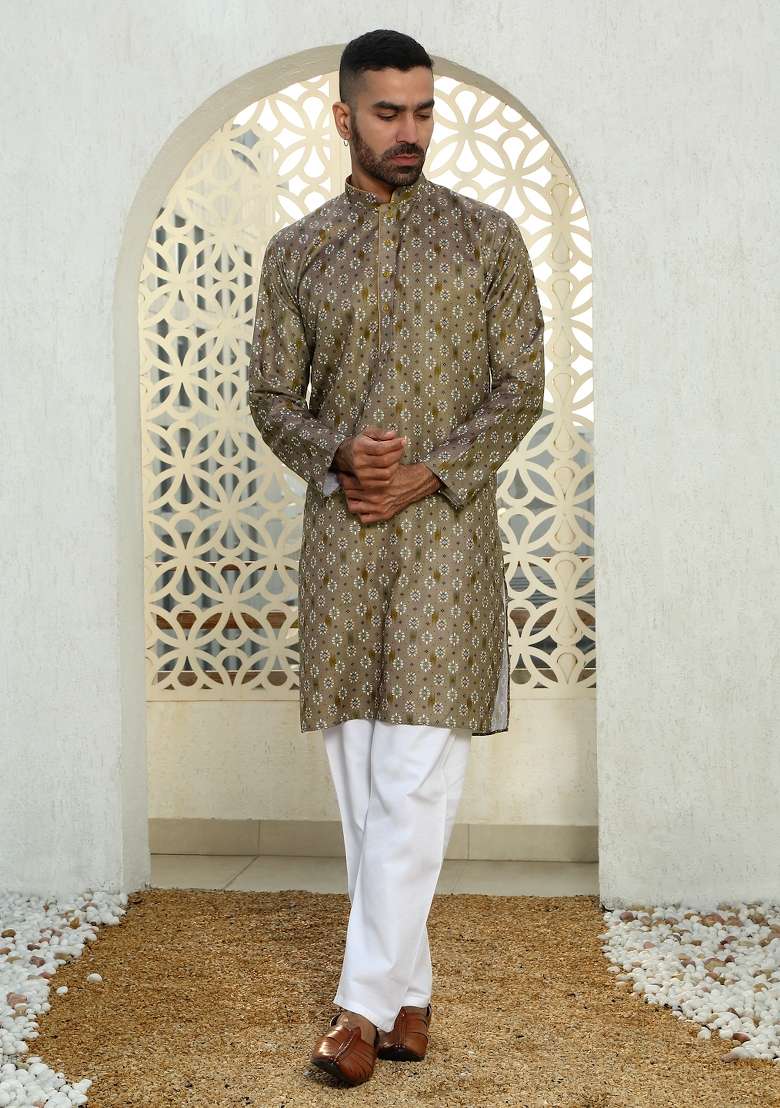 Brown Printed Cotton Kurta Set For Men - Indya