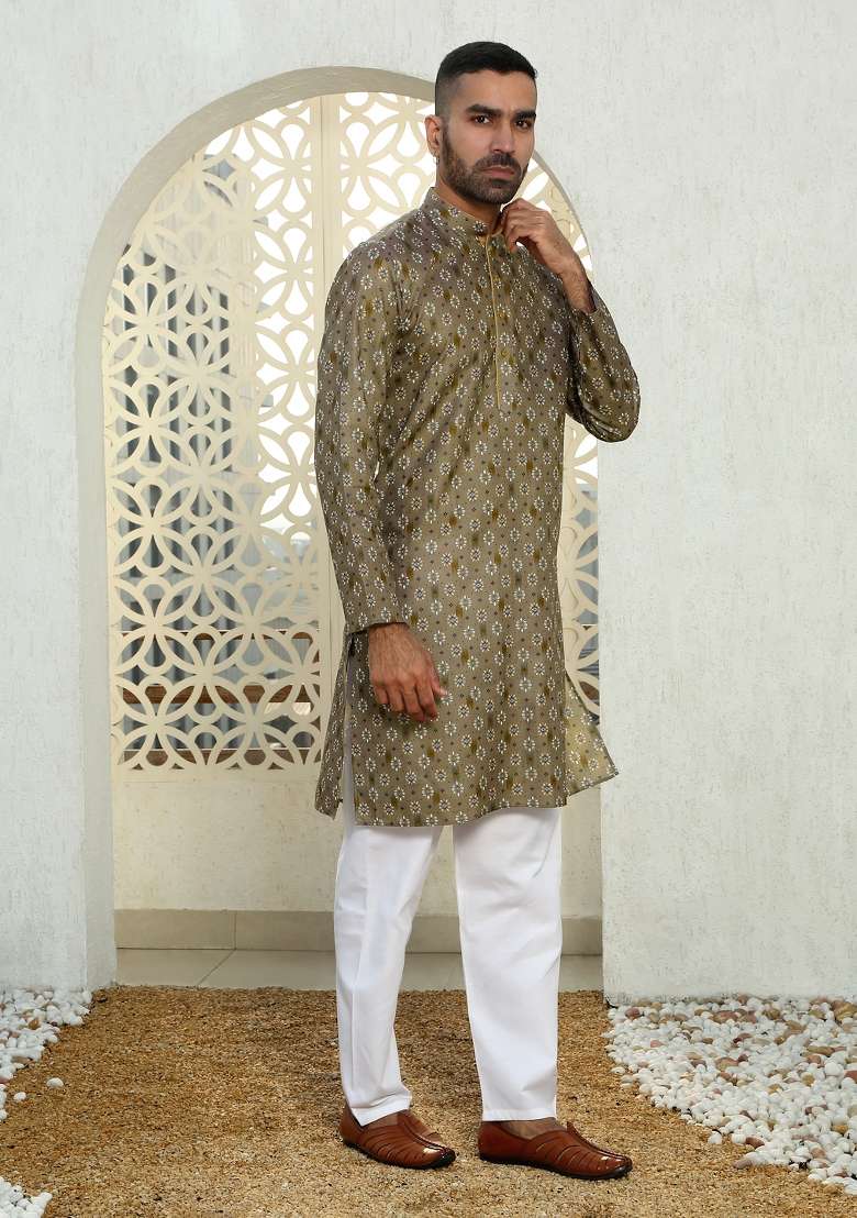 Brown Printed Cotton Kurta Set For Men - Indya