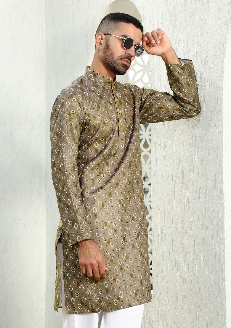 Brown Printed Cotton Kurta Set For Men - Indya