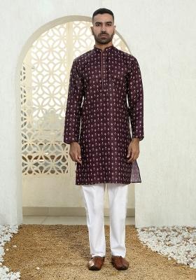 Wine Printed Cotton Kurta Set For Men