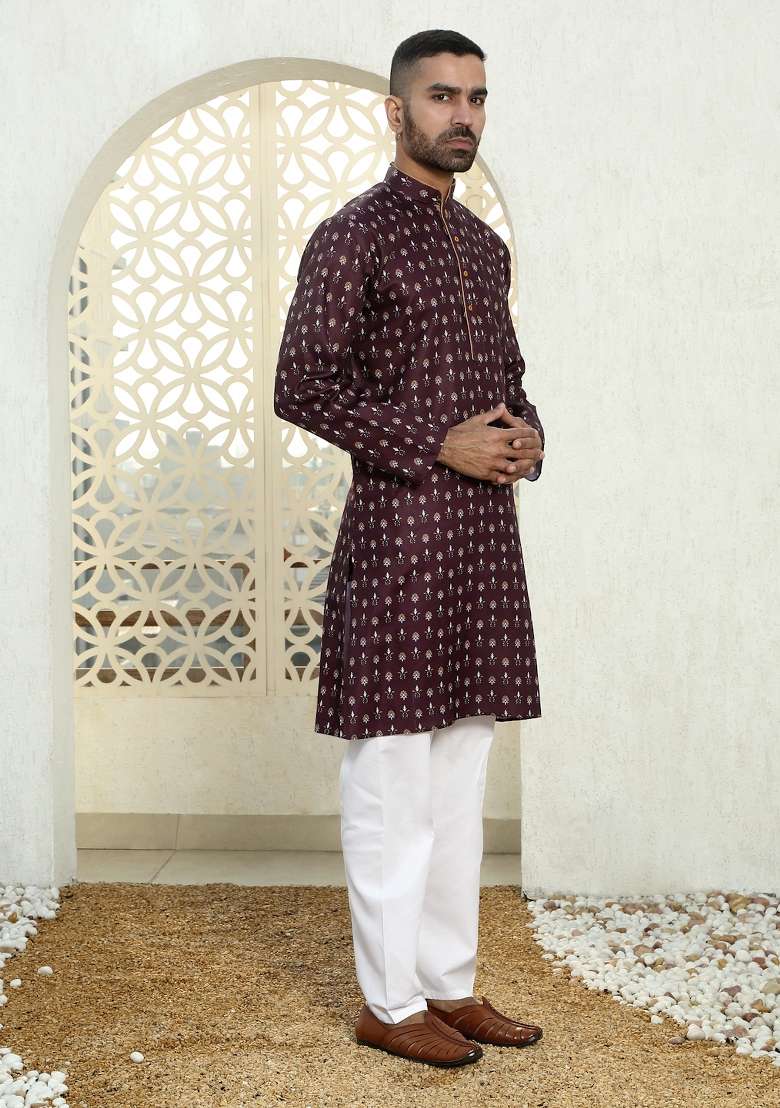 Wine Printed Cotton Kurta Set For Men - Indya