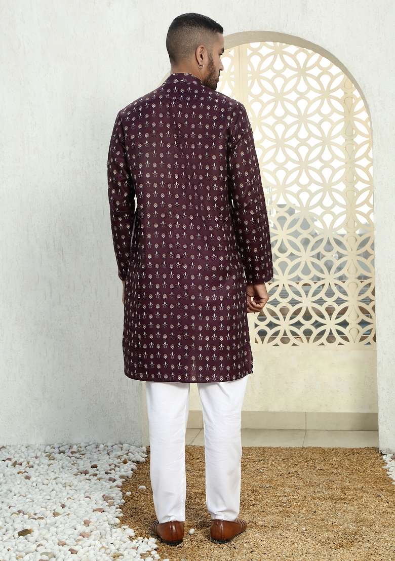Wine Printed Cotton Kurta Set For Men - Indya