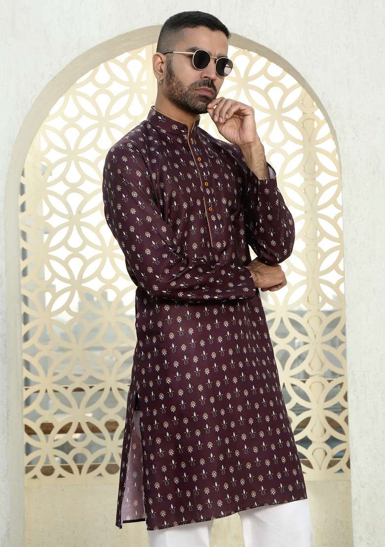 Wine Printed Cotton Kurta Set For Men - Indya
