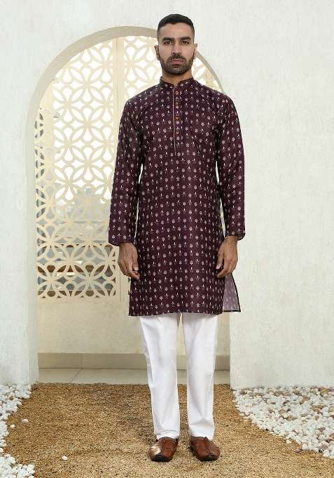 Wine Printed Cotton Kurta Set For Men