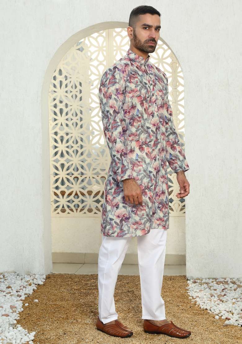 Purple Printed Cotton Kurta Set For Men - Indya