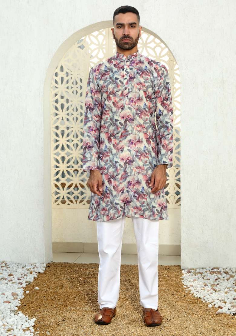 Purple Printed Cotton Kurta Set For Men - Indya