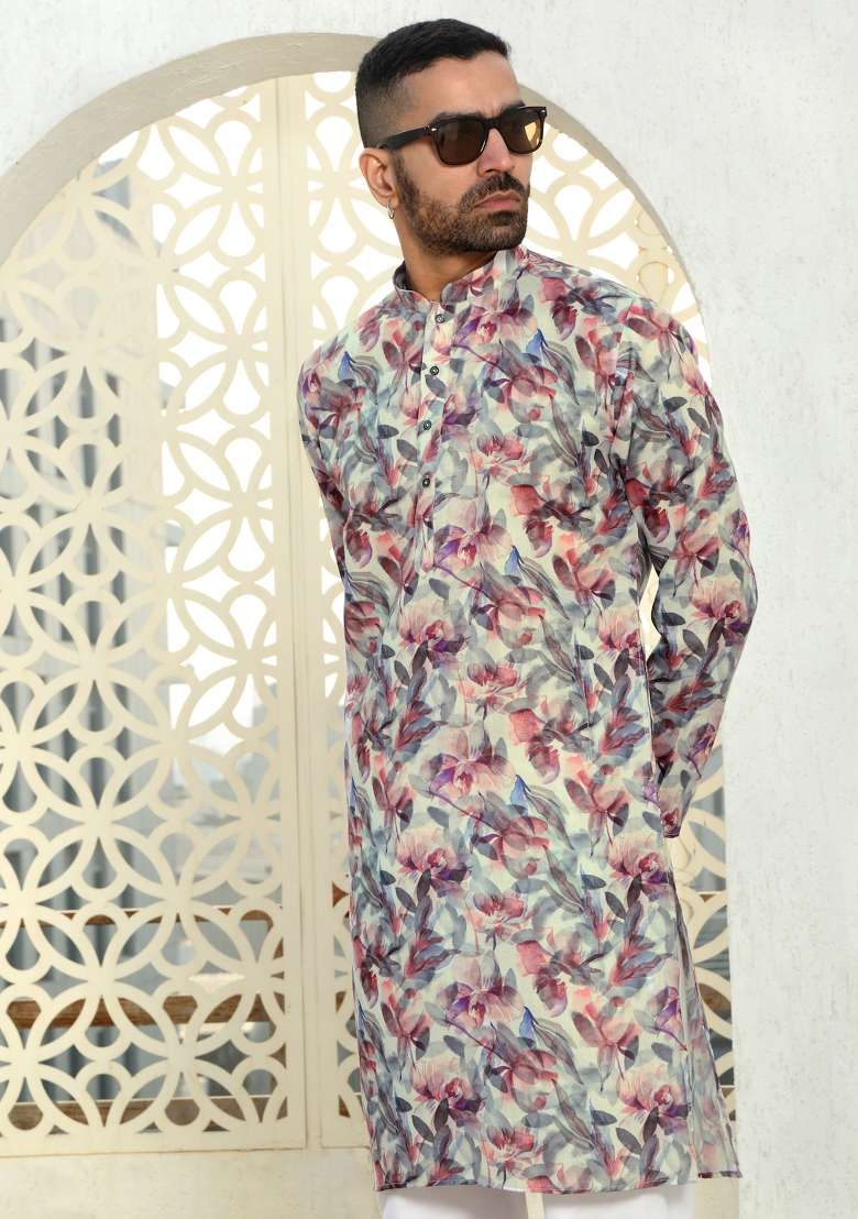 Purple Printed Cotton Kurta Set For Men - Indya