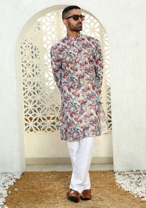 Purple Printed Cotton Kurta Set For Men