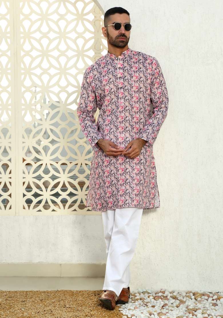 Purple Printed Cotton Kurta Set For Men - Indya