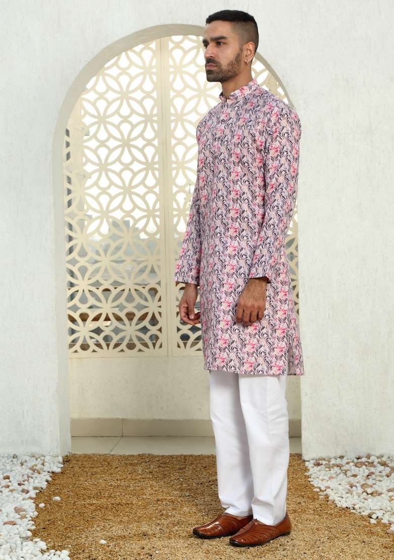 Purple Printed Cotton Kurta Set For Men - Indya