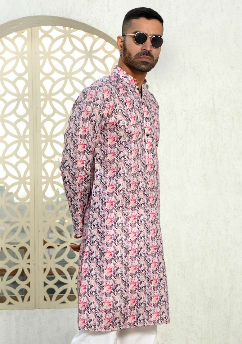 Purple Printed Cotton Kurta Set For Men - Indya