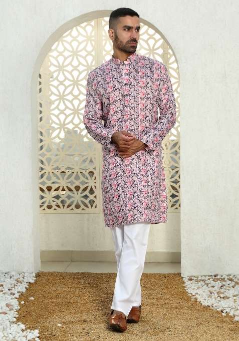 Purple Printed Cotton Kurta Set For Men