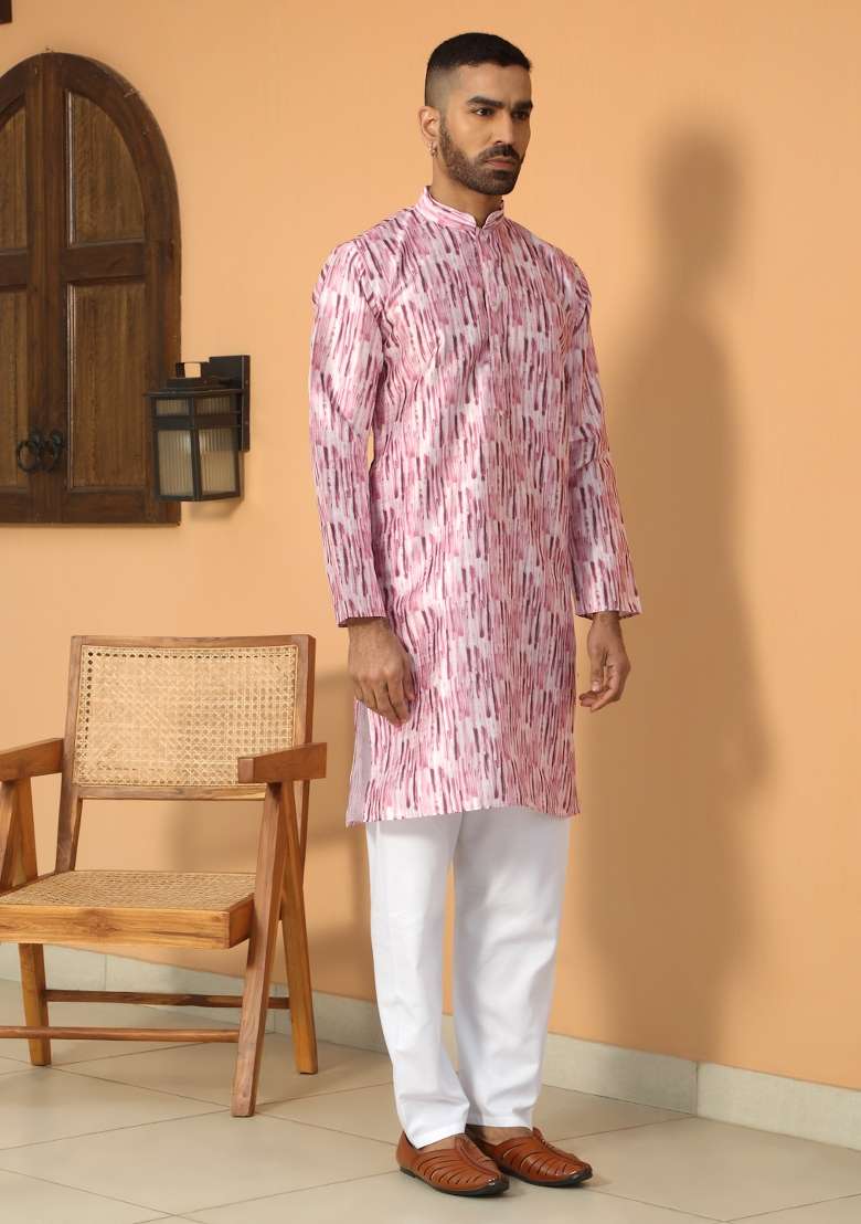 Pink Printed Silk Blend Kurta Set For Men - Indya