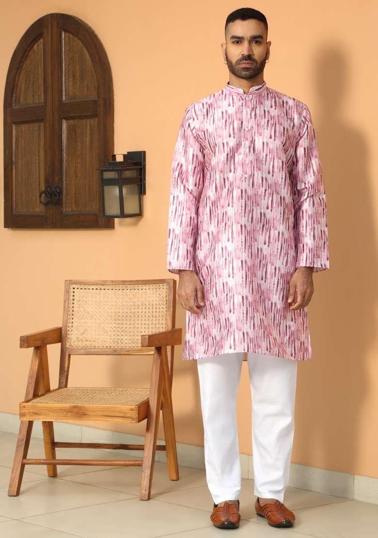 Pink Printed Silk Blend Kurta Set For Men - Indya