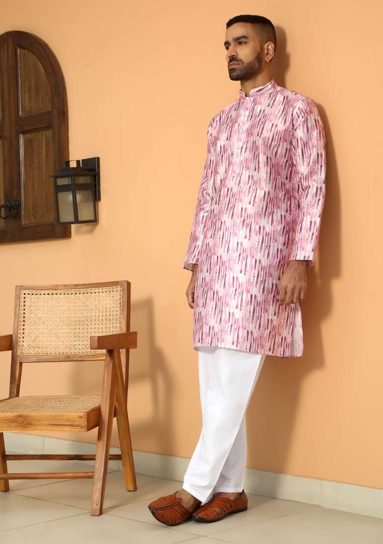 Pink Printed Silk Blend Kurta Set For Men - Indya